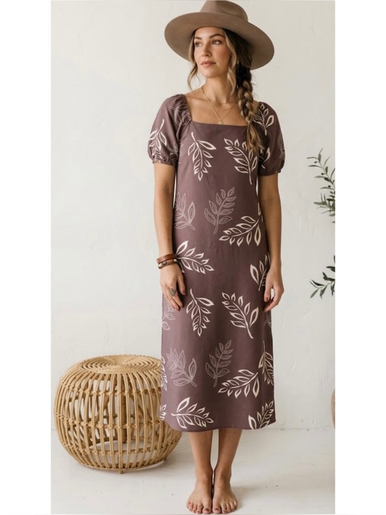 Absolutely Famous Dresses & Skirts - Absolutely Famous Square Neck Puff Sleeve Neutral Leaf Print Midi Dress